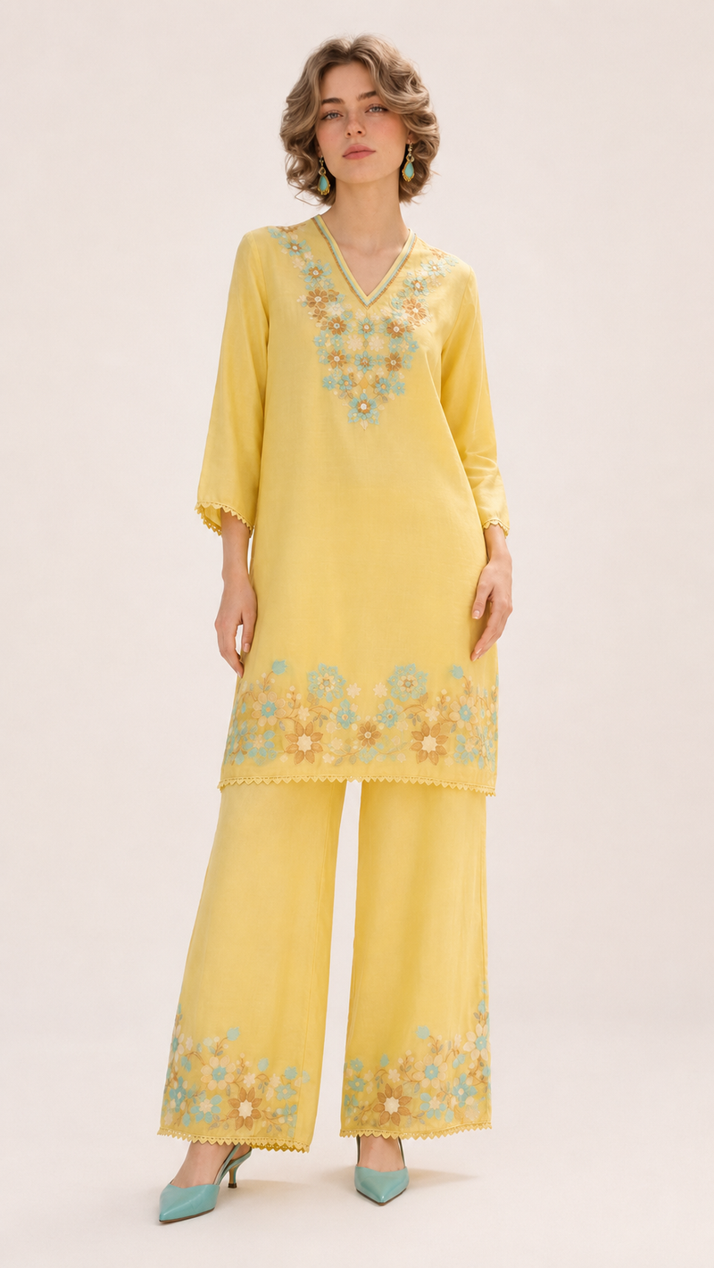 Primrose Yellow | Floral Aari-Embroidered Mul Chanderi Palazzo Set