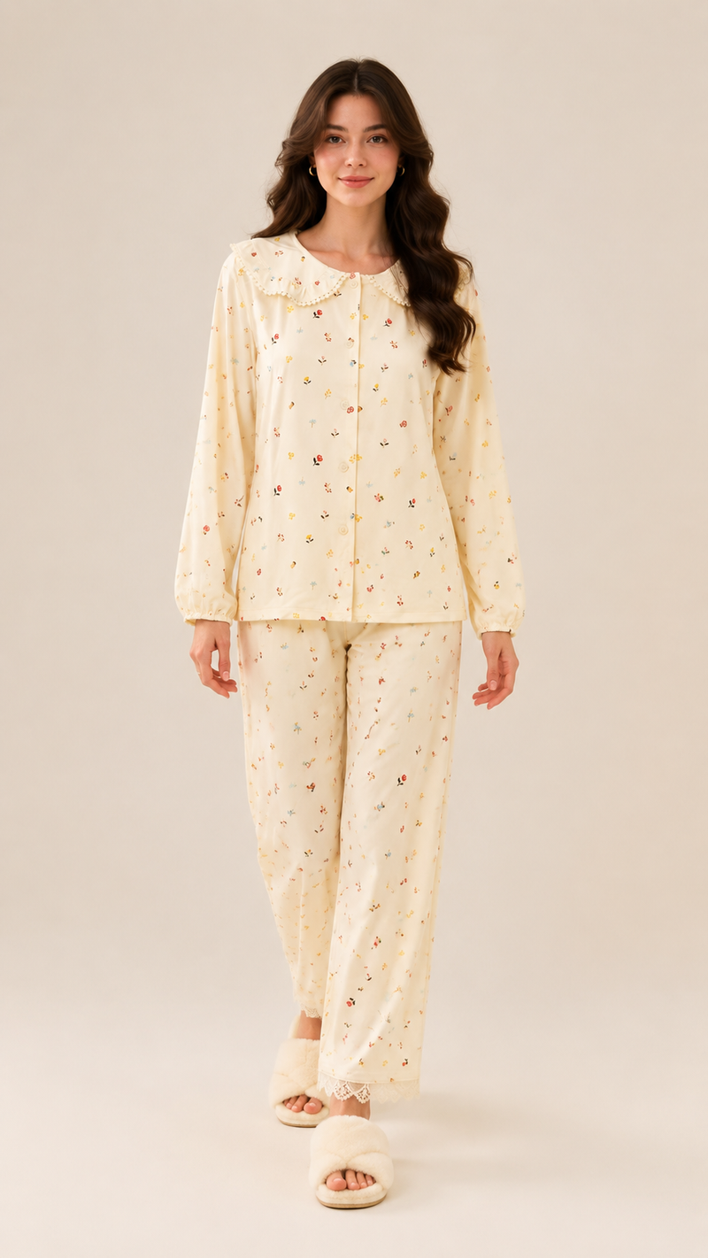 Cream Ditsy | Peter Pan Collar Floral Pyjama Set