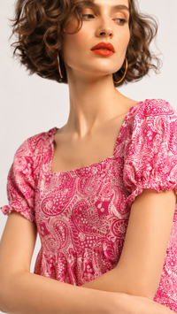 Raspberry Pink & White | Printed Puff-Sleeve Viscose Rayon Matching Set