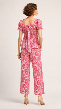Raspberry Pink & White | Printed Puff-Sleeve Viscose Rayon Matching Set