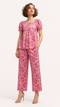 Raspberry Pink & White | Printed Puff-Sleeve Viscose Rayon Matching Set