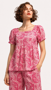 Raspberry Pink & White | Printed Puff-Sleeve Viscose Rayon Matching Set