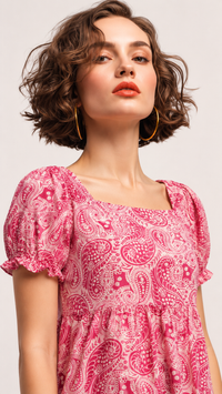 Raspberry Pink & White | Printed Puff-Sleeve Viscose Rayon Matching Set