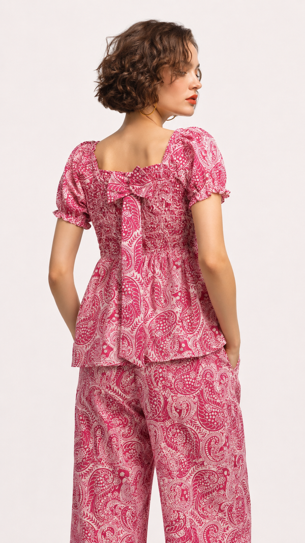 Raspberry Pink & White | Printed Puff-Sleeve Viscose Rayon Matching Set