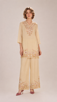 Champagne Beige |  Floral Aari-Embroidered  Mul Chanderi Palazzo Set