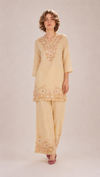 Champagne Beige |  Floral Aari-Embroidered  Mul Chanderi Palazzo Set
