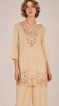 Champagne Beige |  Floral Aari-Embroidered  Mul Chanderi Palazzo Set