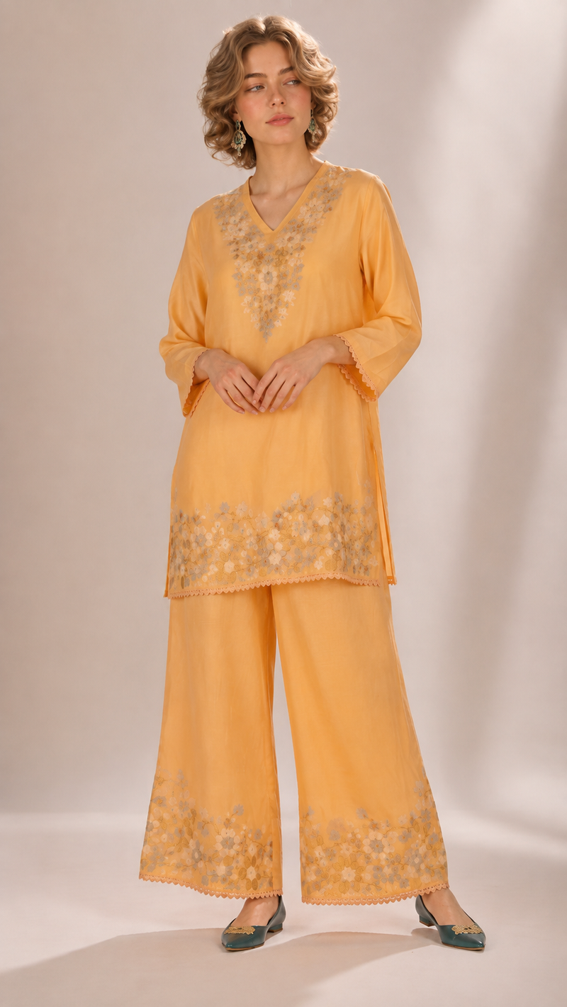 Apricot Orange |  Floral Aari-Embroidered  Mul Chanderi Palazzo Set