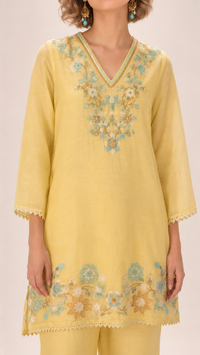 Primrose Yellow | Floral Aari-Embroidered  Mul Chanderi Palazzo Set
