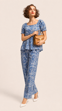 Royal Blue & White | Printed Puff-Sleeve Viscose Rayon Matching Set