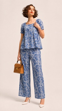 Royal Blue & White | Printed Puff-Sleeve Viscose Rayon Matching Set