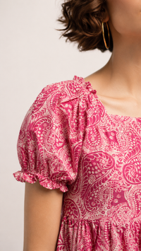 Raspberry Pink & White | Printed Puff-Sleeve Viscose Rayon Matching Set
