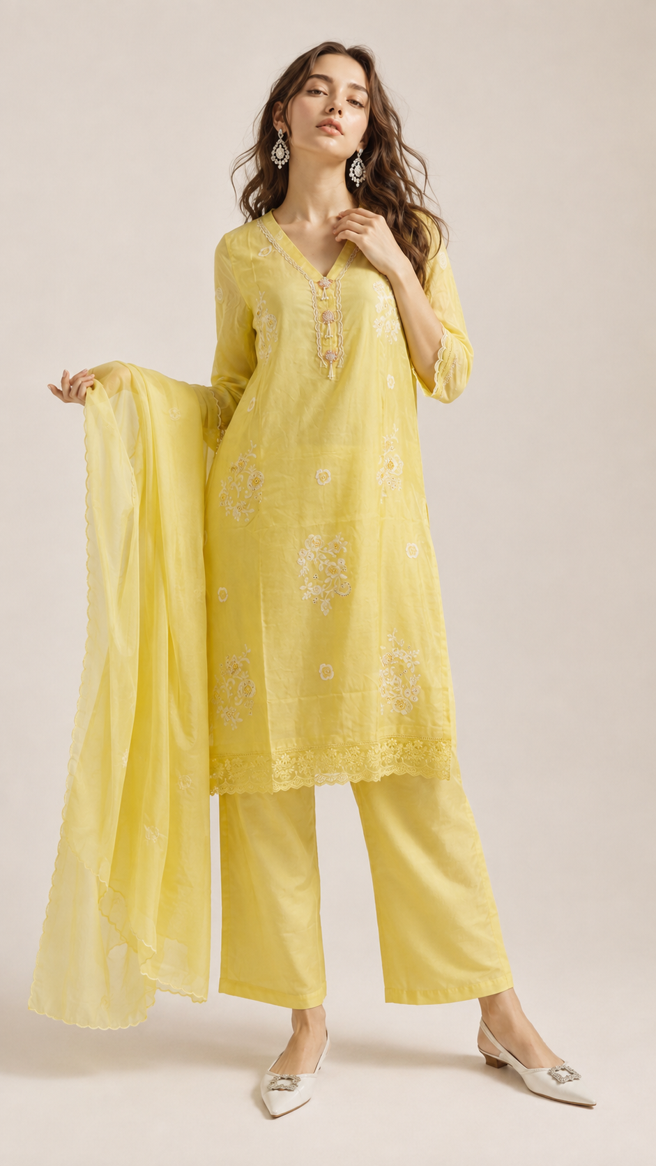 Citron Yellow | Hand Embroidered Bemberg Silk Salwar Kameez Set