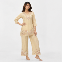 Beige Cream Floral Embroidered Mul Chanderi Set