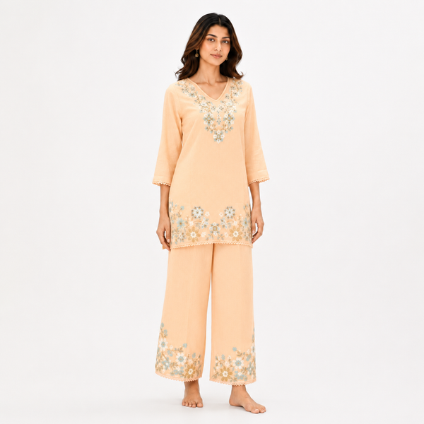 Soft Peach Floral Embroidered Mul Chanderi Set