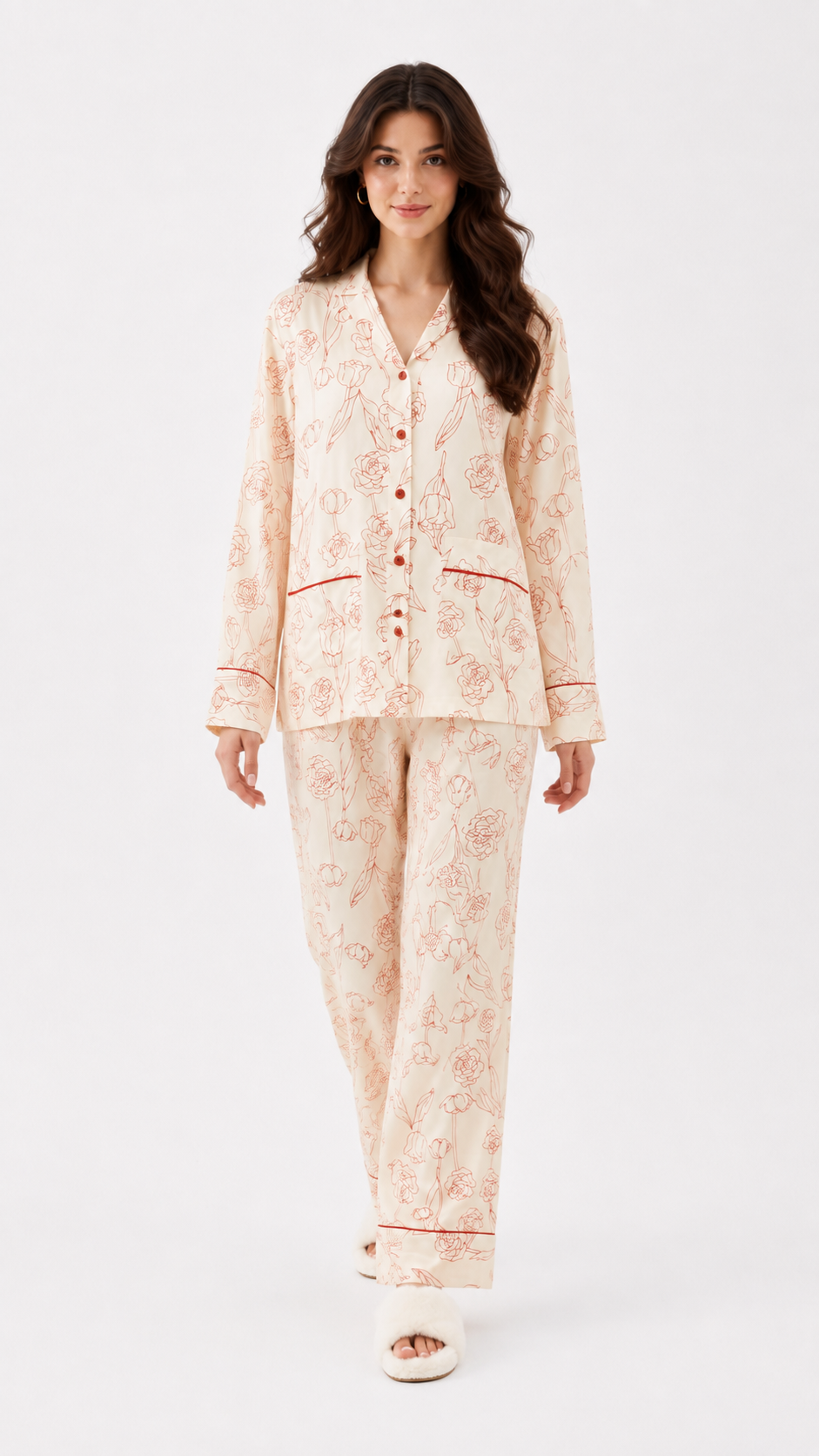 Red Rose Vines| Botanical Floral Piped Pyjama Set
