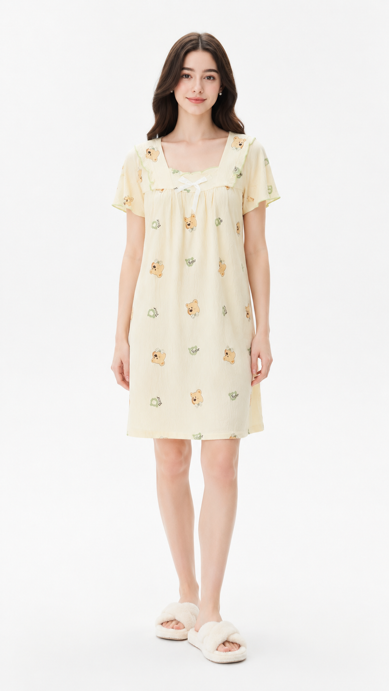 Teddy Timeout  | Bear Printed Square Neck Ruffle Nightgown