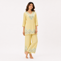 Pastel Yellow Floral Embroidered Mul Chanderi Set