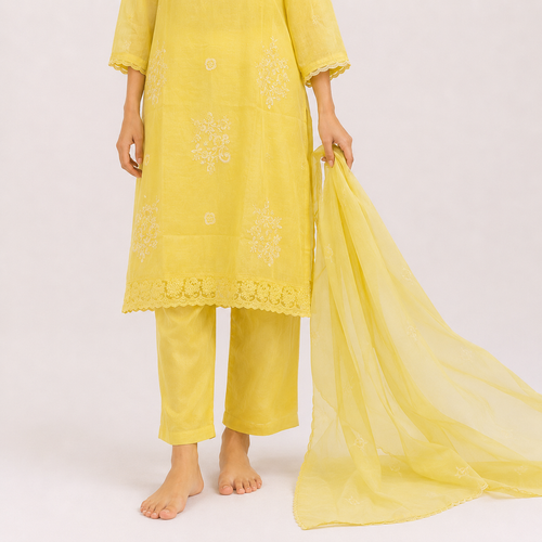 Lime Yellow Bemberg Silk Salwar Kameez Set