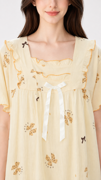 Peach Please | Cream Peach Bow Printed Square Neck Ruffle Nightgown