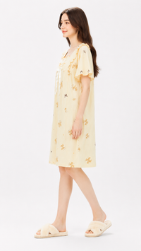 Peach Please | Cream Peach Bow Printed Square Neck Ruffle Nightgown