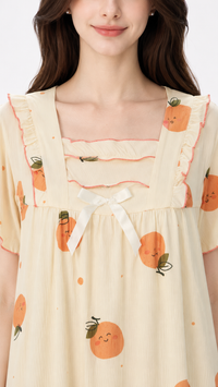 Citrus Smile | Cream Orange Printed Square Neck Ruffle Nightgown