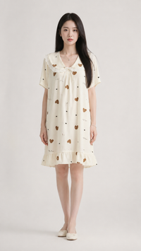 Caramel Heart Notes | Printed Peter Pan Collar Nightgown