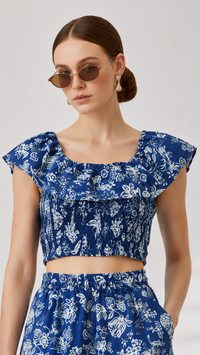 A woman wearing an Evershe blue and white floral print two-piece set with a ruffled crop top and matching high-waisted skirt, styled with round sunglasses against a light gray studio background.