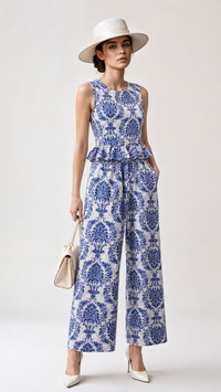 A woman models an EVERSHE sleeveless blue and white patterned jumpsuit with a peplum waist and wide legs, styled with a white wide-brim hat, a small cream handbag, and white heels against a light gray studio background.