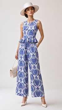 A woman models an EVERSHE
 sleeveless blue and white patterned jumpsuit with a peplum waist and wide legs, styled with a white wide-brim hat, a cream handbag, and white heels against a light gray studio background.