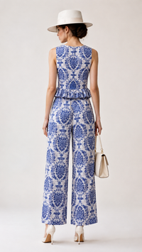 A woman shown from the back wearing a sleeveless EVERSHE blue and white patterned jumpsuit with a peplum waist, wide-leg pants, and a white fedora hat. She is holding a small beige handbag against a plain light background.